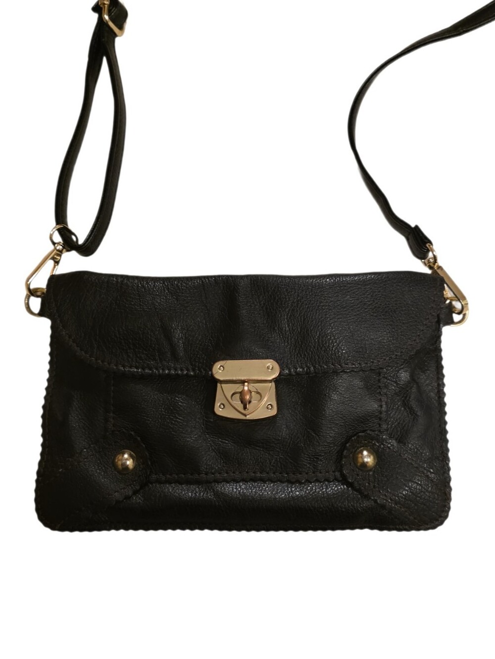 VTG Steven by Steve Madden Black Leather Scalloped Flap Crossbody Clutch Bag